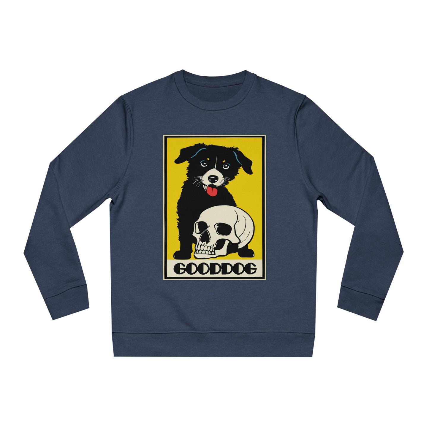 Retro-Comic-Design eines schwarzen Hundes, der vor einem menschlichen Schädelknochen sitzt.
Aufschrift: 'Good Dog'
Sweatshirt / Pullover: 85% Bio-Baumwolle, 15% recycletes Polyester. Fair gehandelt.