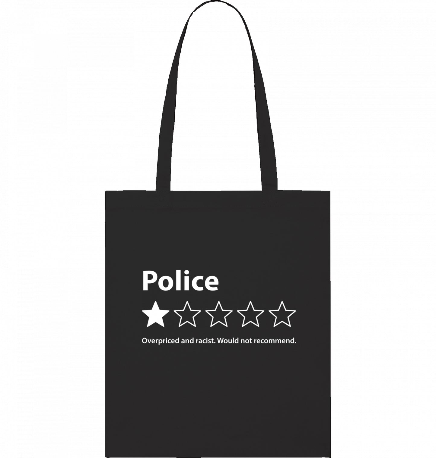 Lustiges ‚Police‘ Design mit einem Ein-Stern-Review und der Aufschrift 'Overpriced and racist. Would not recommend.' auf einem schwarzen Beutel