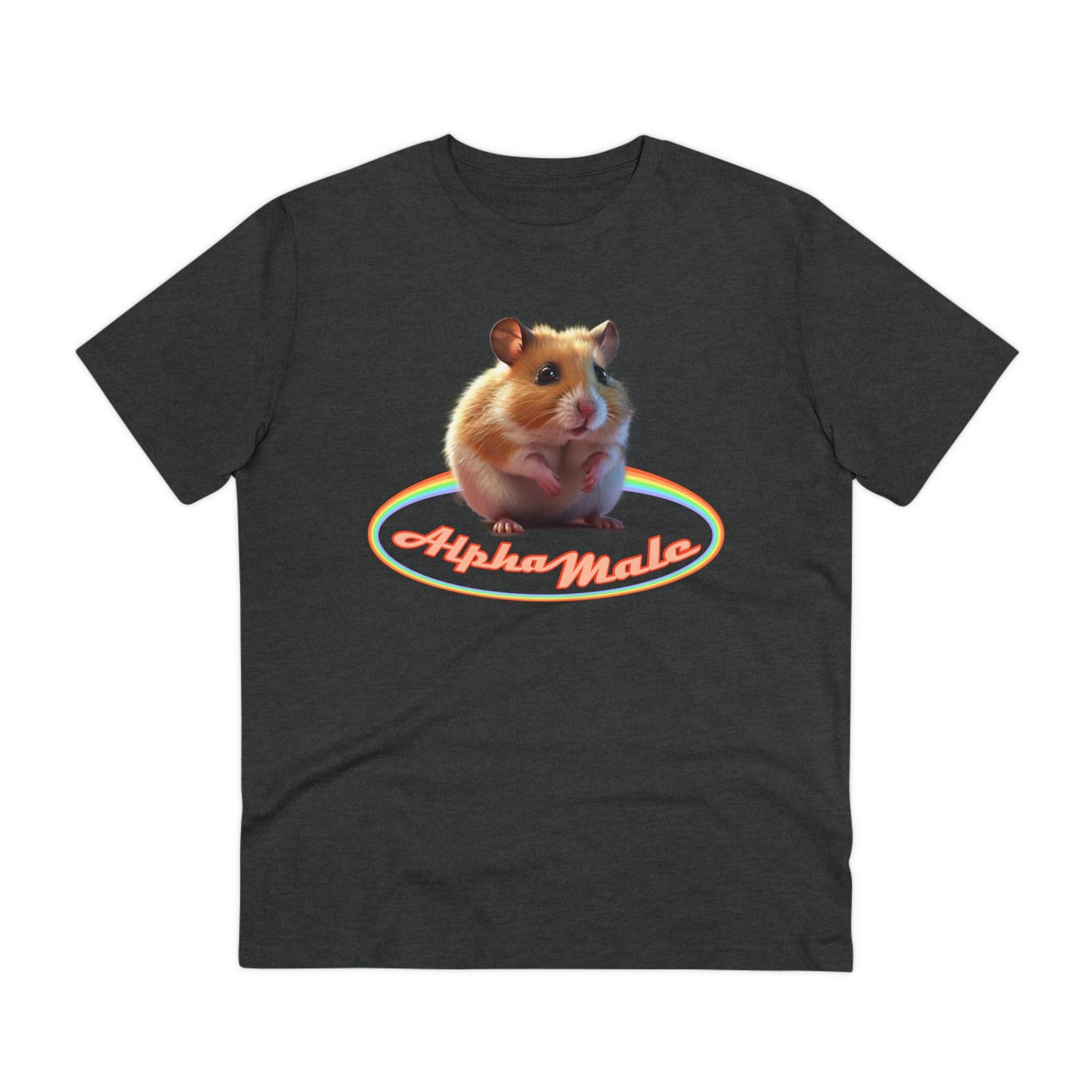 a sweet hamster with cute big eyes surrounded by some rainbow like shape, title: 'Alpha Male'. A funny contrast to address toxic masculinity. Counterwise a feminist statement with sarcasm.
100% organic cotton, fair trade, antifashist, fem.