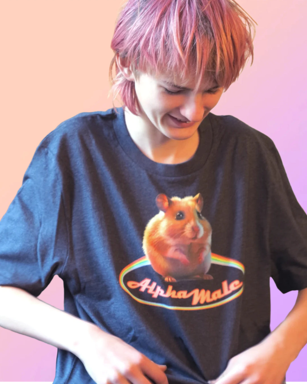 funny Alpha Male parody shirt with hamster in Heather Gray, eco-shirt, fairwear