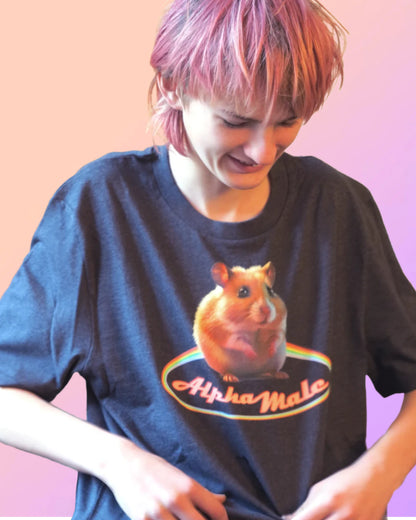 funny Alpha Male parody shirt with hamster in Heather Gray, eco-shirt, fairwear