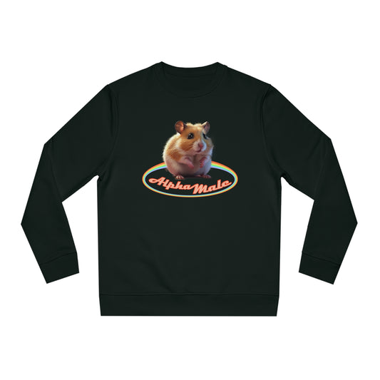 a sweet hamster with cute big eyes surrounded by some rainbow like shape, title: 'Alpha Male'. A funny contrast to address toxic masculinity. Counterwise a feminist statement with sarcasm.
85% organic cotton, 15% recicled polyester
