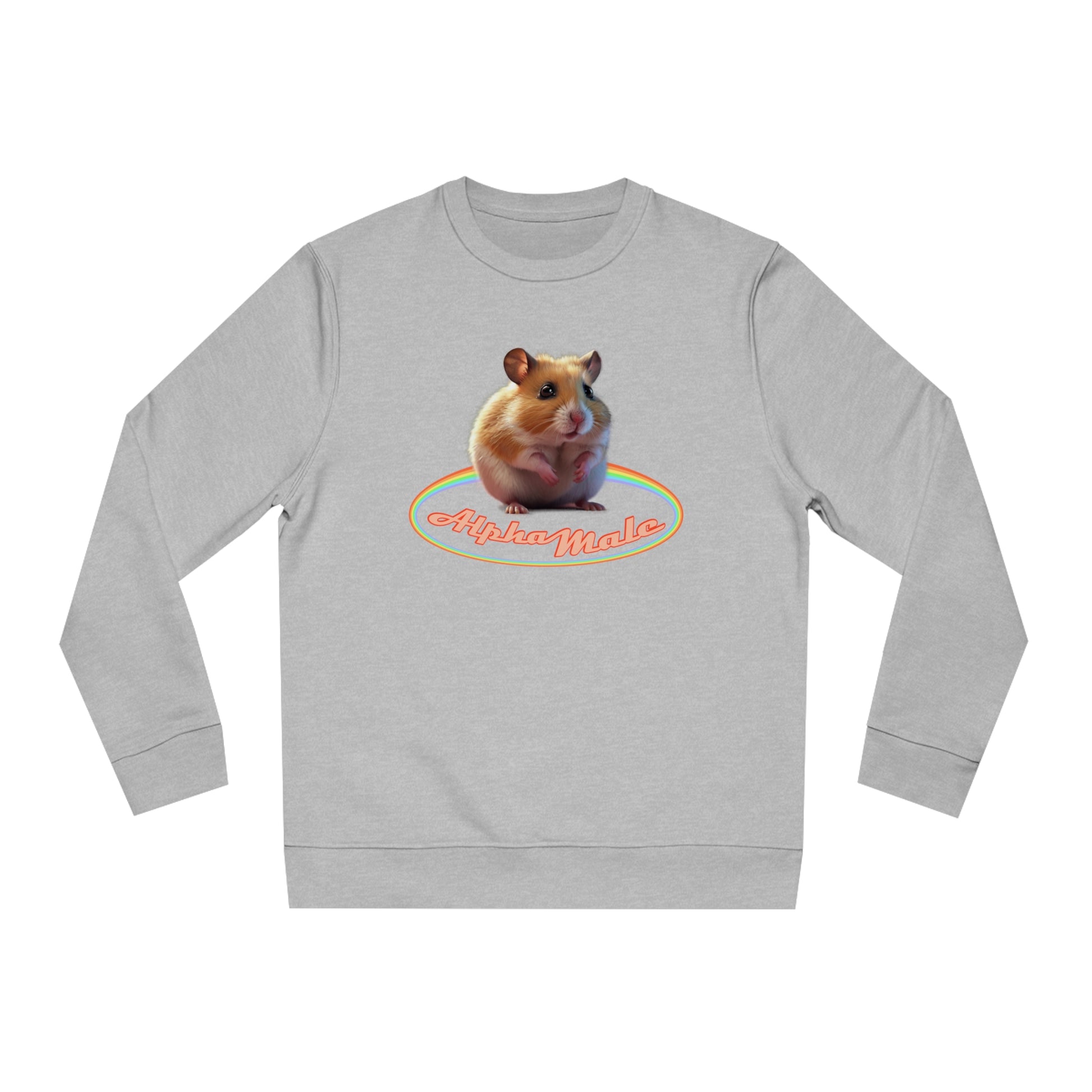 a sweet hamster with cute big eyes surrounded by some rainbow like shape, title: 'Alpha Male'. A funny contrast to address toxic masculinity. Counterwise a feminist statement with sarcasm.
85% organc cotton, 15% recicled polyester.
Sweater in Heather Grey