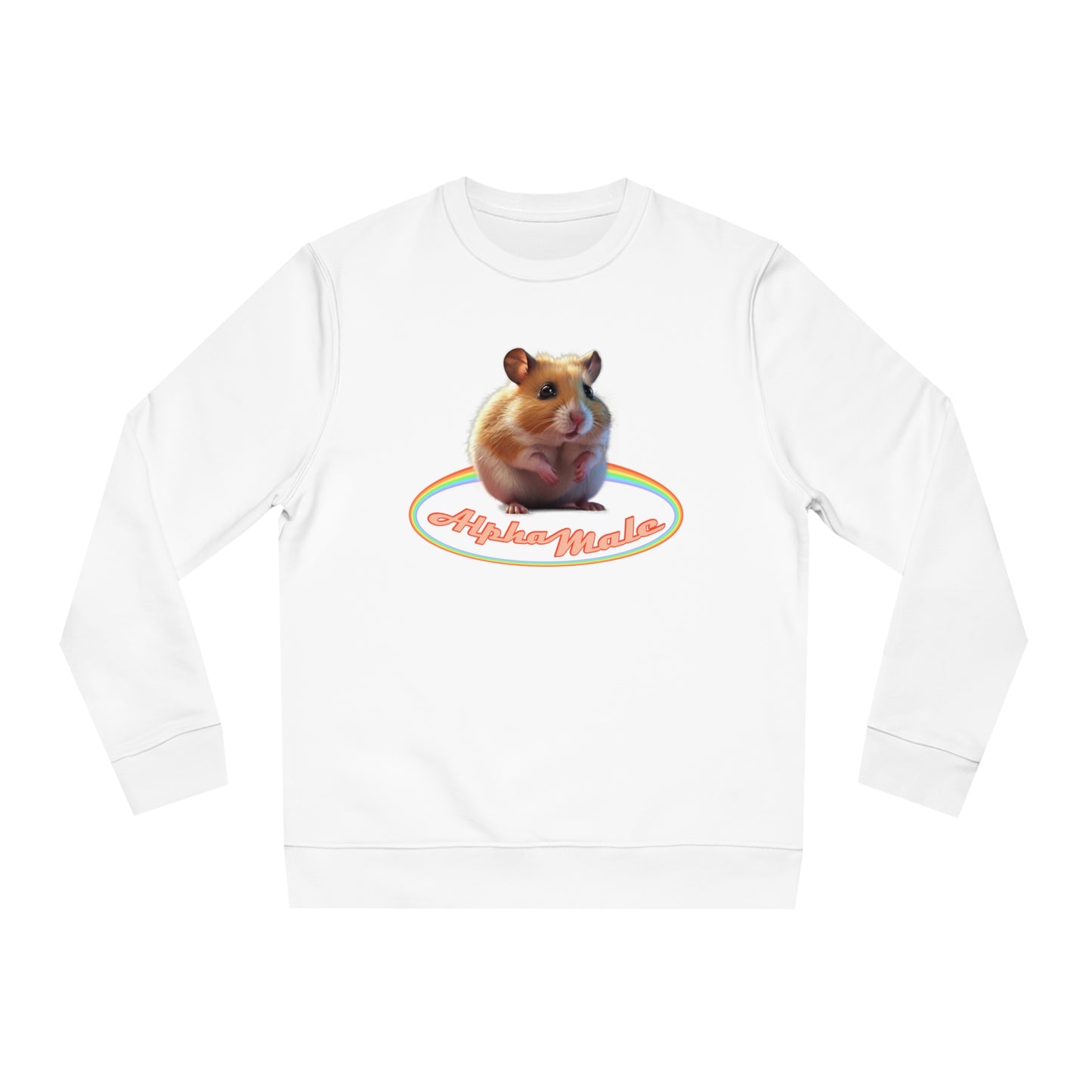 a sweet hamster with cute big eyes surrounded by some rainbow like shape, title: 'Alpha Male'. A funny contrast to address toxic masculinity. Counterwise a feminist statement with sarcasm.
Sweater in white