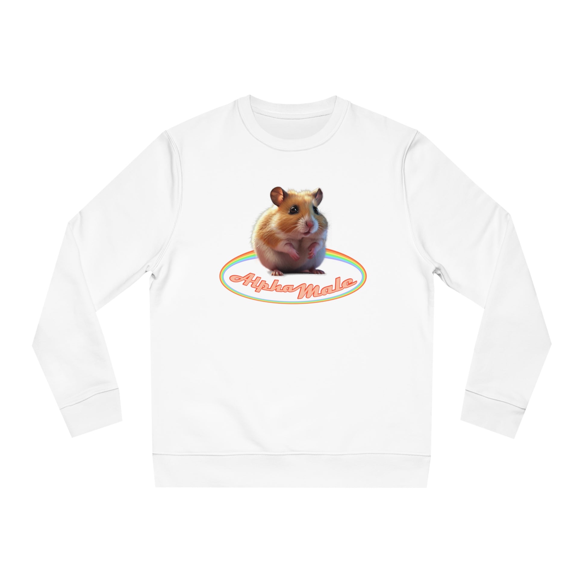 a sweet hamster with cute big eyes surrounded by some rainbow like shape, title: 'Alpha Male'. A funny contrast to address toxic masculinity. Counterwise a feminist statement with sarcasm.
Sweater in white