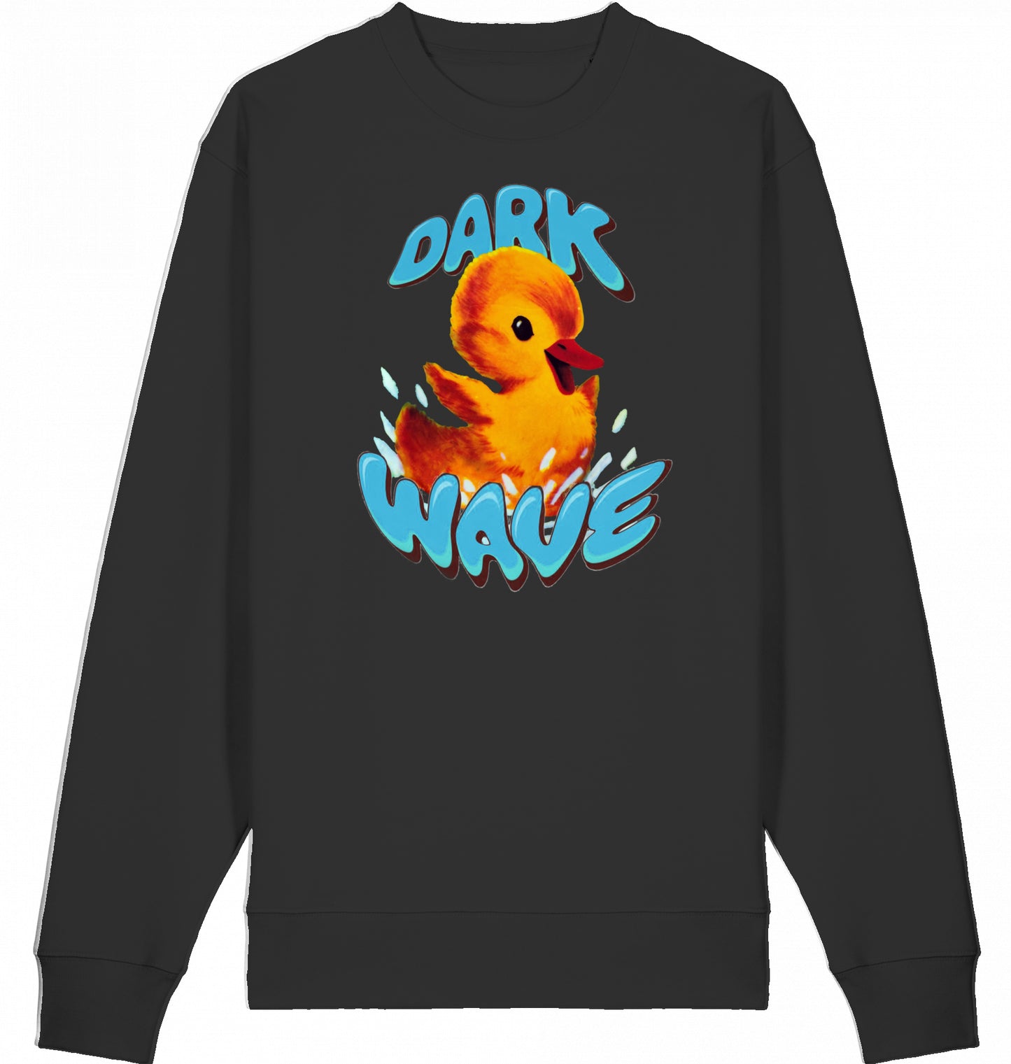 Crashcontrol // Verspielte Kinderbuch-Illustration eines planschenden Kükens mit dem Schriftzug ‚Dark Wave‘ auf einem 100% Bio-Baumwoll / Organic Cotton Sweater, fair wear