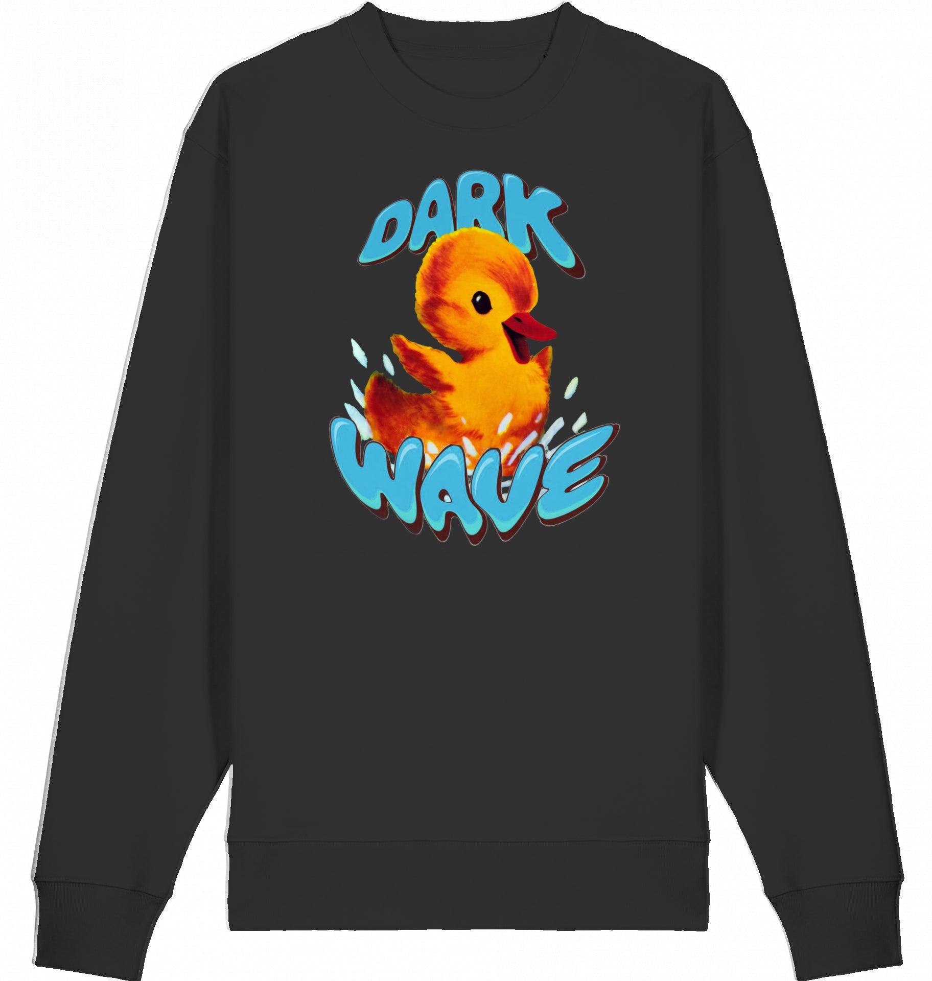 Crashcontrol // Verspielte Kinderbuch-Illustration eines planschenden Kükens mit dem Schriftzug ‚Dark Wave‘ auf einem 100% Bio-Baumwoll / Organic Cotton Sweater, fair wear