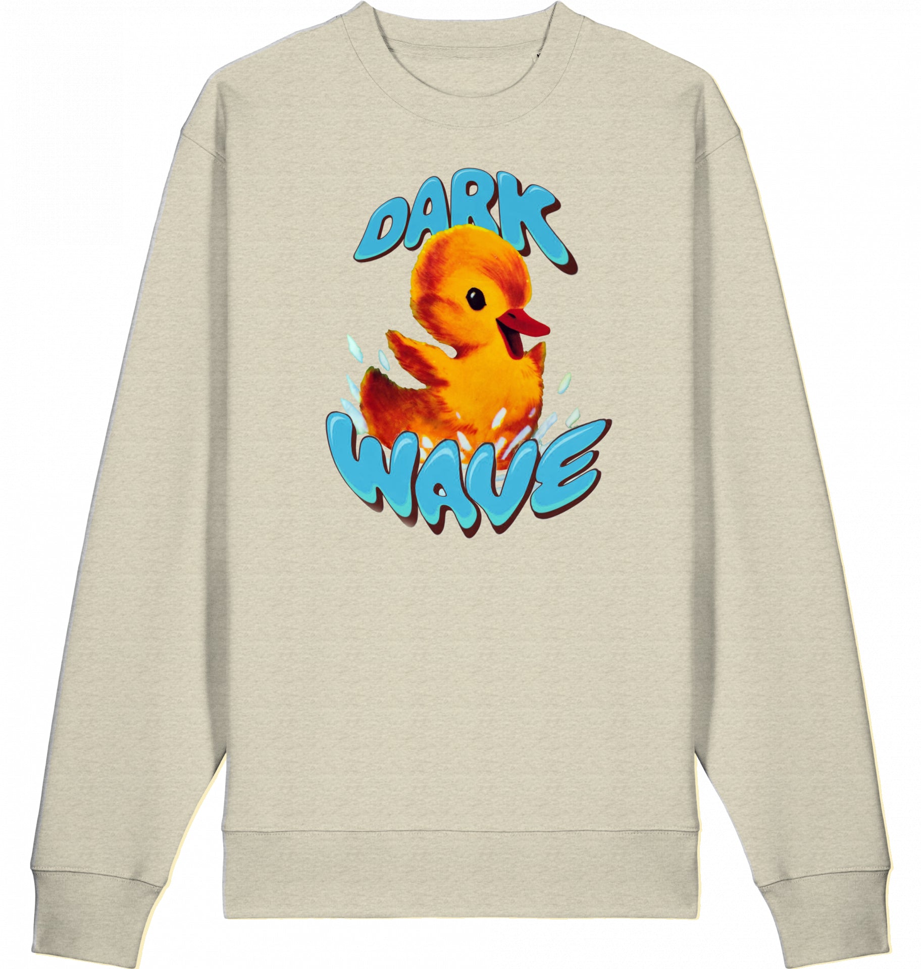 Crashcontrol // Verspielte Kinderbuch-Illustration eines planschenden Kükens mit dem Schriftzug ‚Dark Wave‘ auf einem 100% Bio-Baumwoll / Organic Cotton Sweater, fair wear