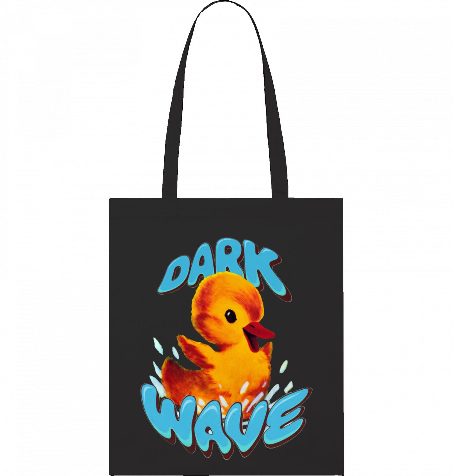 Crashcontrol Verspielte Kinderbuch-Illustration eines planschenden Kükens mit dem Schriftzug ‚Dark Wave‘ auf einer Baumwolle 100% Organic Cotton Tote Bag, fair wear