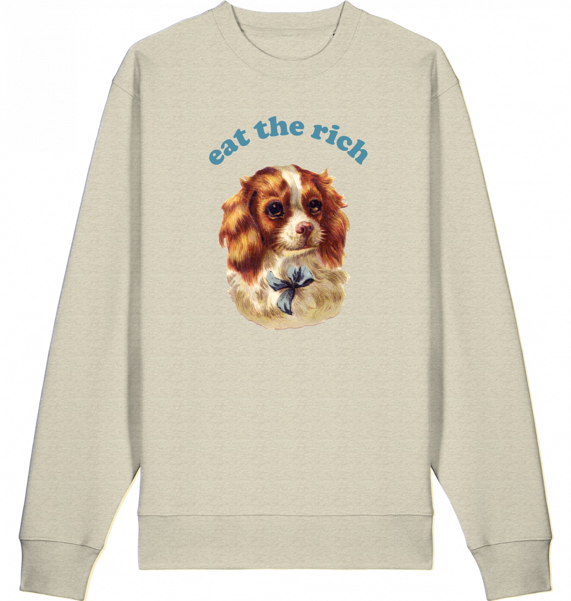 Vintage-Illustration eines Cocker-Spaniel-Welpen mit ‚Eat the Rich‘ Typografie auf Bio-Sweater, fair wair