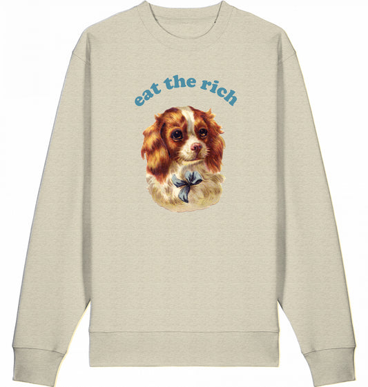 Vintage-Illustration eines Cocker-Spaniel-Welpen mit ‚Eat the Rich‘ Typografie auf Bio-Sweater, fair wair