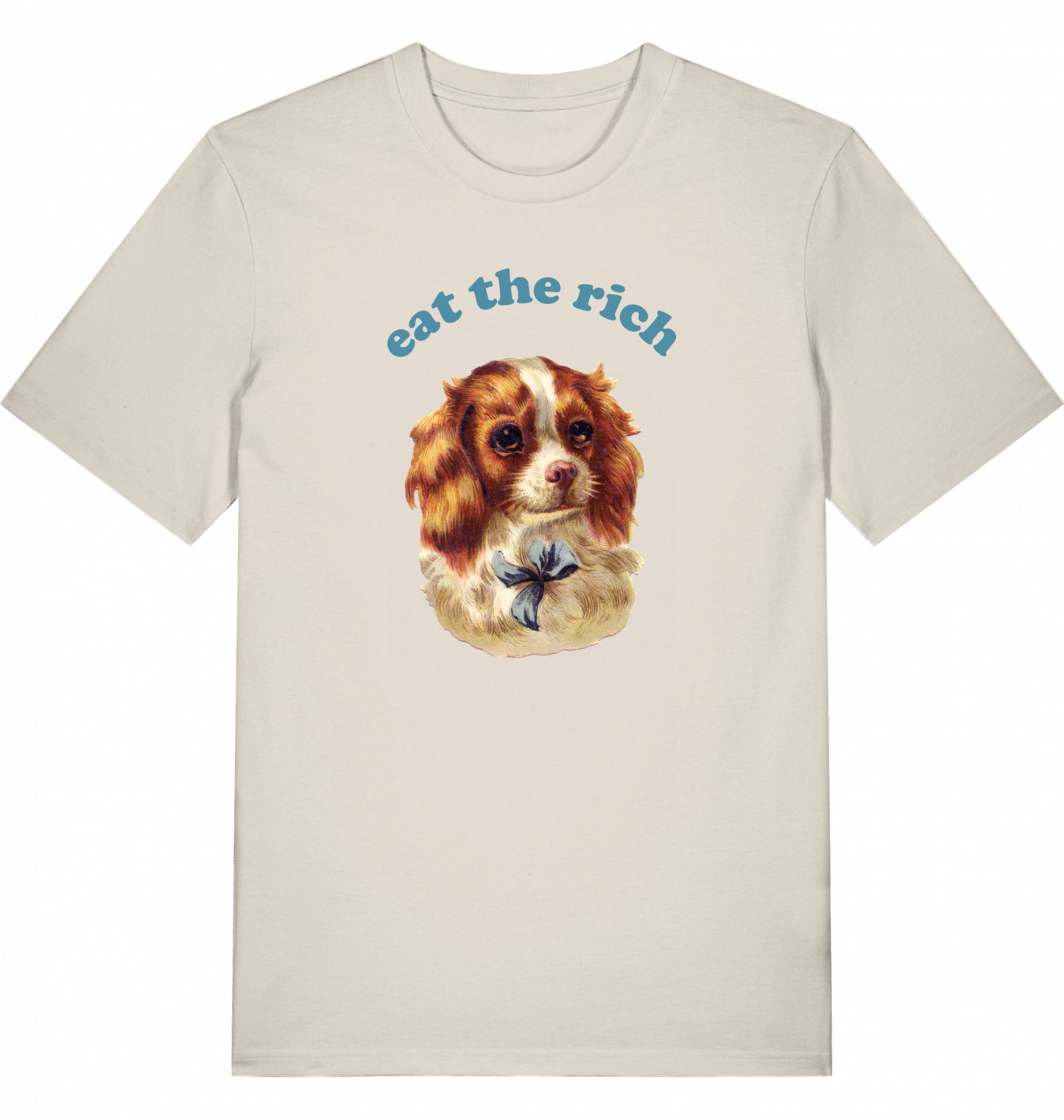 Vintage-Illustration eines Cocker-Spaniel-Welpen mit ‚Eat the Rich‘ Typografie auf Bio-T-Shirt, fair wair