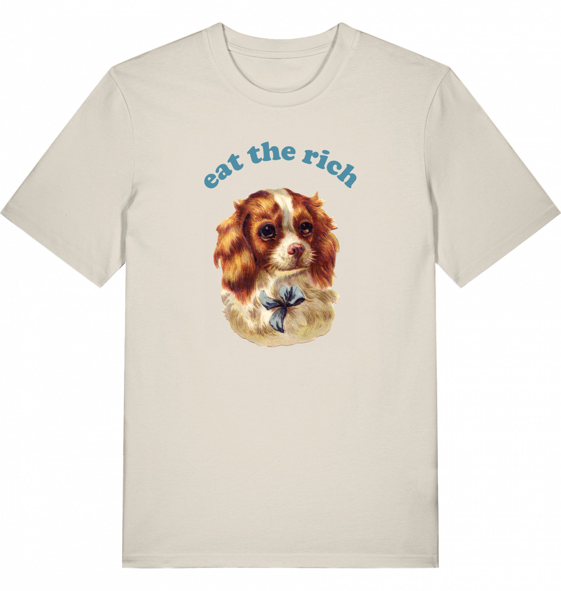 Vintage-Illustration eines Cocker-Spaniel-Welpen mit ‚Eat the Rich‘ Typografie auf Bio-T-Shirt, fair wair