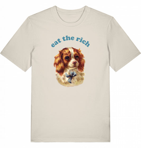 Vintage-Illustration eines Cocker-Spaniel-Welpen mit ‚Eat the Rich‘ Typografie auf Bio-T-Shirt, fair wair
