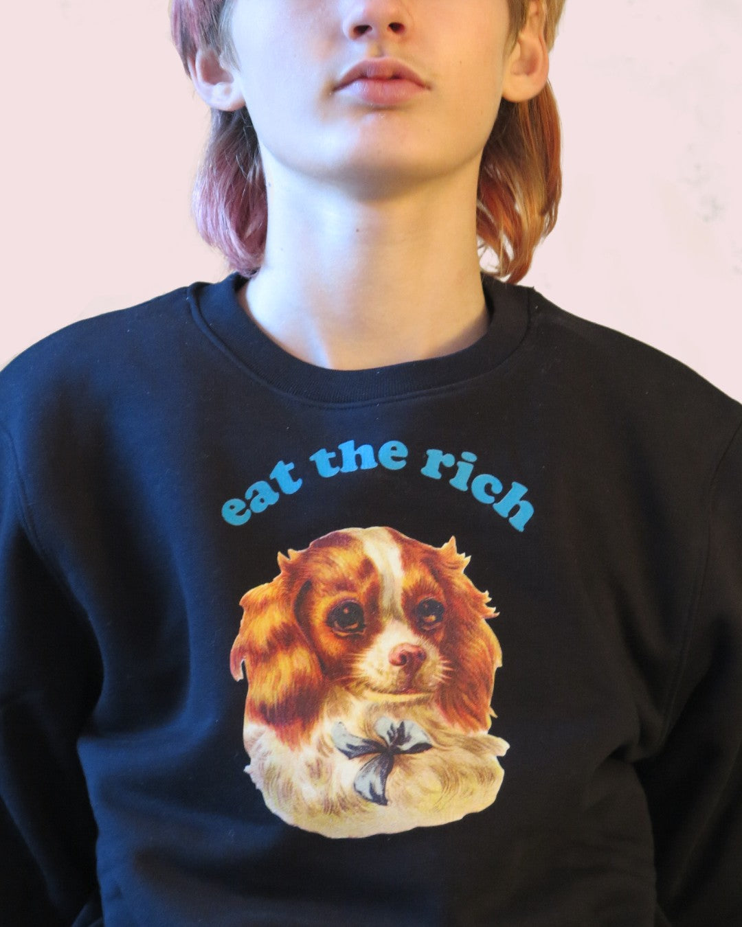 Person trägt Vintage-Illustration eines Cocker-Spaniel-Welpen mit ‚Eat the Rich‘ Typografie auf Eco-Sweater, fair wear