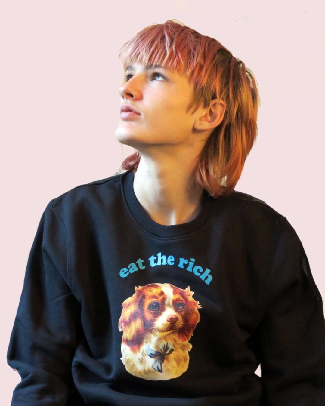 Person trägt Vintage-Illustration eines Cocker-Spaniel-Welpen mit ‚Eat the Rich‘ Typografie auf Bio-Sweater, Blick zur Seite nach oben