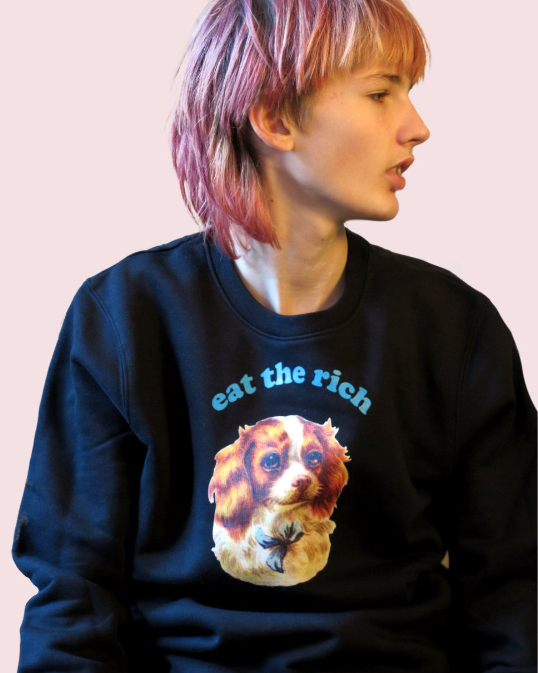 Person trägt Vintage-Illustration eines Cocker-Spaniel-Welpen mit ‚Eat the Rich‘ Typografie auf Eco-Sweater, Blick zur Seite