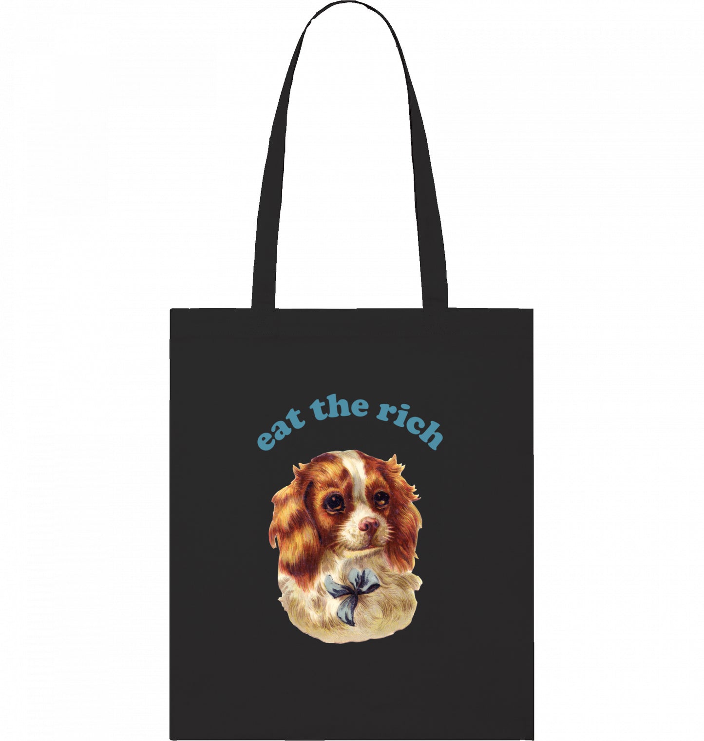 Vintage-Illustration eines Cocker-Spaniel-Welpen mit ‚Eat the Rich‘ Typografie auf Bio-Tote-Bag, Schwarz