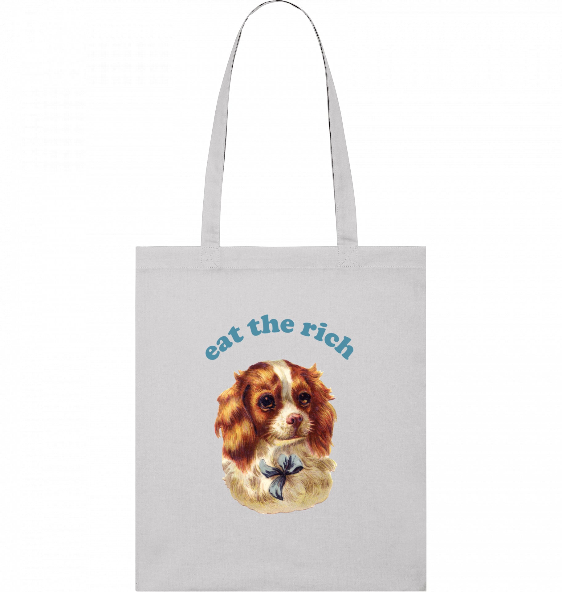 Vintage-Illustration eines Cocker-Spaniel-Welpen mit ‚Eat the Rich‘ Typografie auf Bio-Tote-Bag
