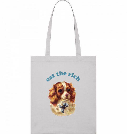 Vintage-Illustration eines Cocker-Spaniel-Welpen mit ‚Eat the Rich‘ Typografie auf Bio-Tote-Bag