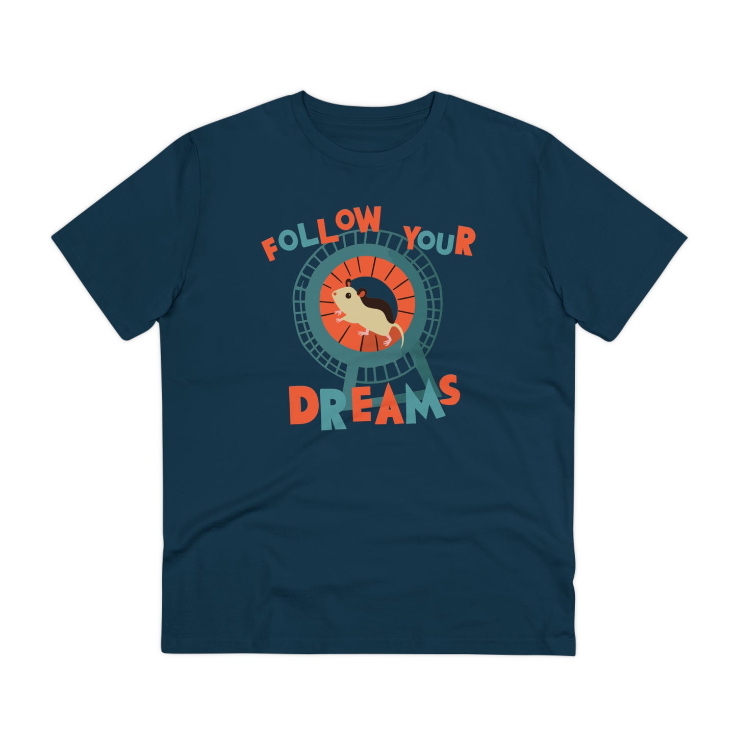 Retrodesign mit einem süßen Hamster oder Maus im Hamsterrad. Aufdruck:  'follow your dreams'. Von innen sieht ein Hamsterrad oft aus wie eine Karriereleiter. geh besser deinen eigenen Weg.
100% Bio-Baumwolle, fair gehandelt.