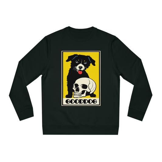 Retro-Comic-Design eines schwarzen Hundes, der vor einem menschlichen Schädelknochen sitzt. 
Aufschrift: 'Good Dog'
Sweatshirt / Pullover: 85% Bio-Baumwolle, 15% recycletes Polyester. Fair gehandelt.