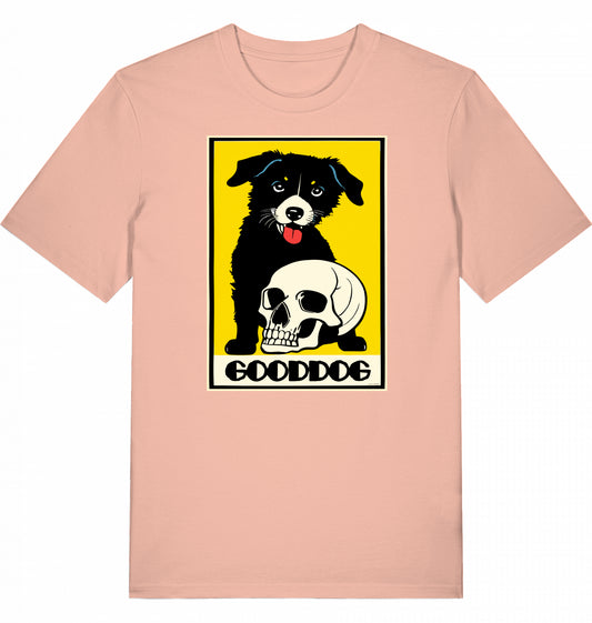 Illustration eines schwarzen Hundes vor einem Totenschädel mit dem Schriftzug ‚Good Dog‘ auf einem T-Shirt