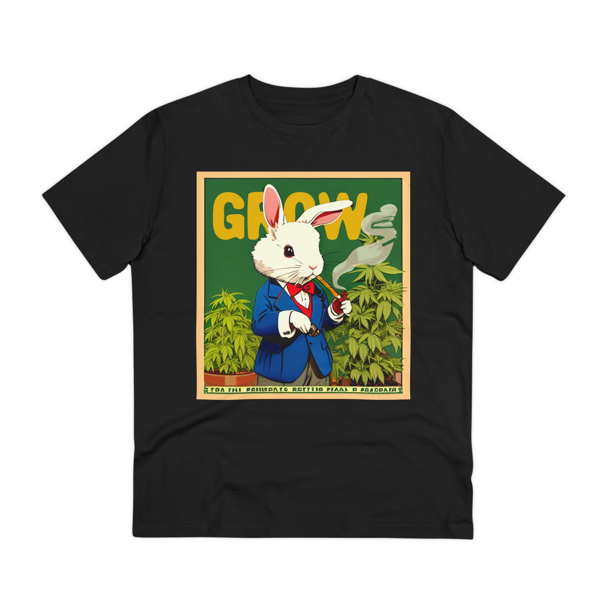 Ein süßes weißes Kanninchen im Anzug, welches sein eigenes Gras anbaut und eine Pfeife raucht. Alice im Wunderland lässt grüßen. Funny pot growing bunny. stay high!