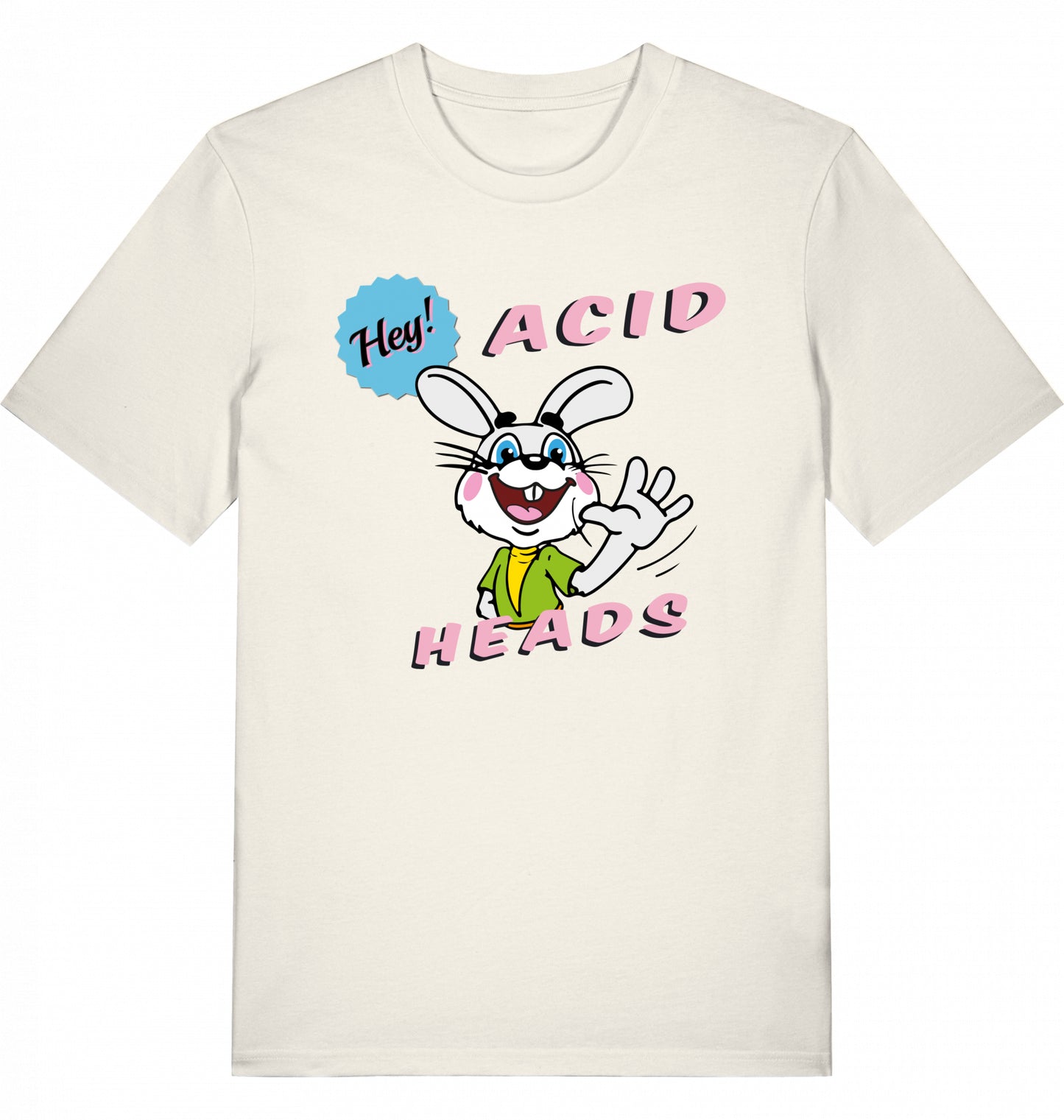 Illustration eines winkenden weißen Comic-Kaninchens mit dem Schriftzug ‚Hey Acid Heads‘ auf einem T-Shirt