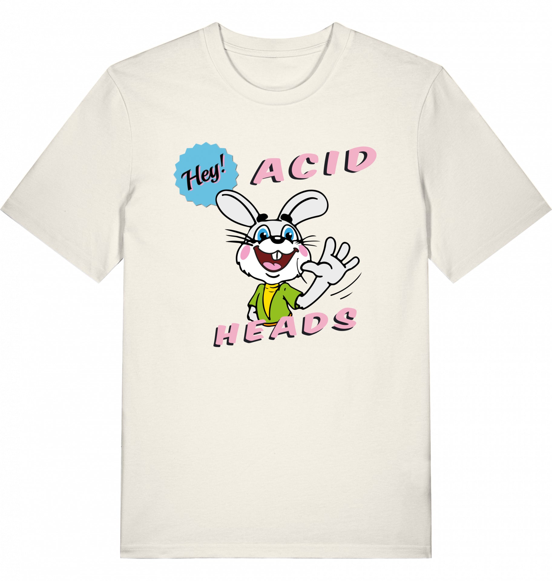Illustration eines winkenden weißen Comic-Kaninchens mit dem Schriftzug ‚Hey Acid Heads‘ auf einem T-Shirt