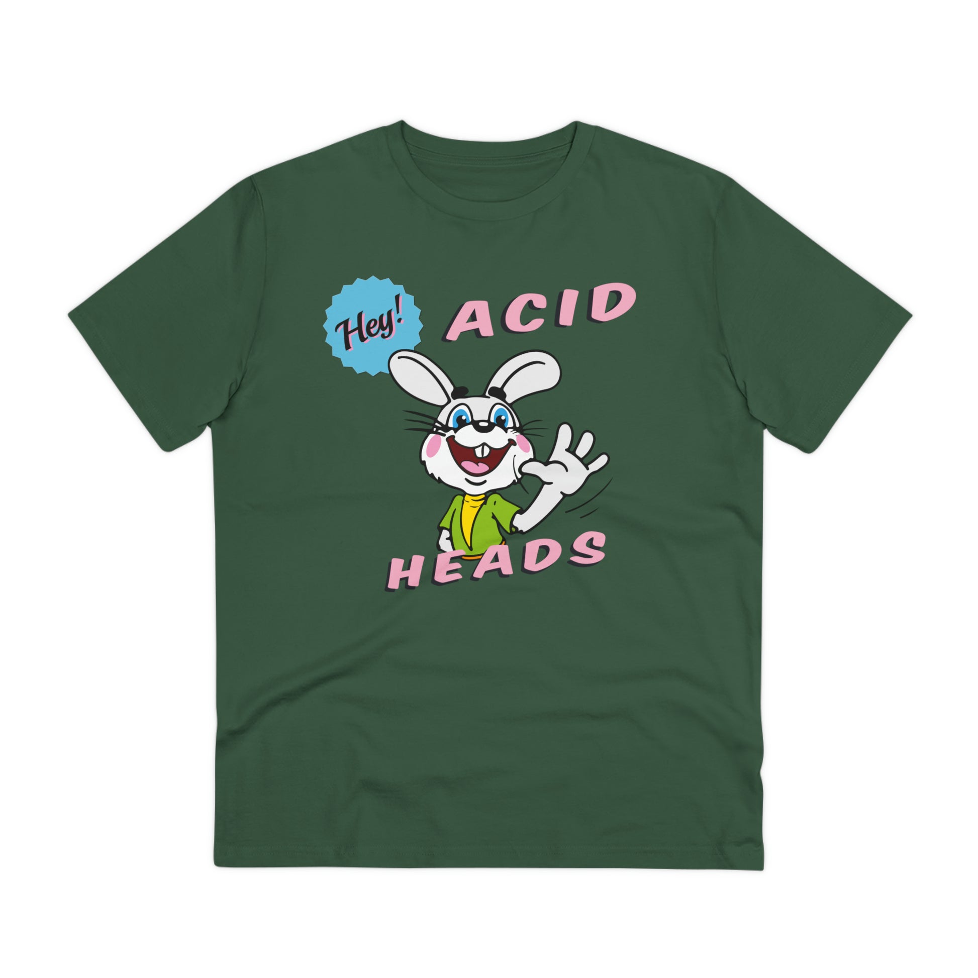 Ein winkendes Kanninchen in 80s Comic aesthetic, Aufschrift: 'Hey Acid Heads'.
Geht es hier um Musik? Nein, es geht um mehr!
100% Bio-Baumwolle, fair gehandelt.