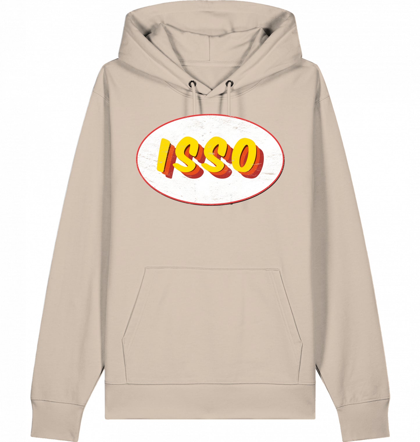 Typografie-Illustration des Schriftzugs ‚ISSO‘, Hip-Hop-Slang ‚es ist so‘ im Retro-Look mit Grunge-Effekt auf einem Bio-Hoodie aus Baumwolle