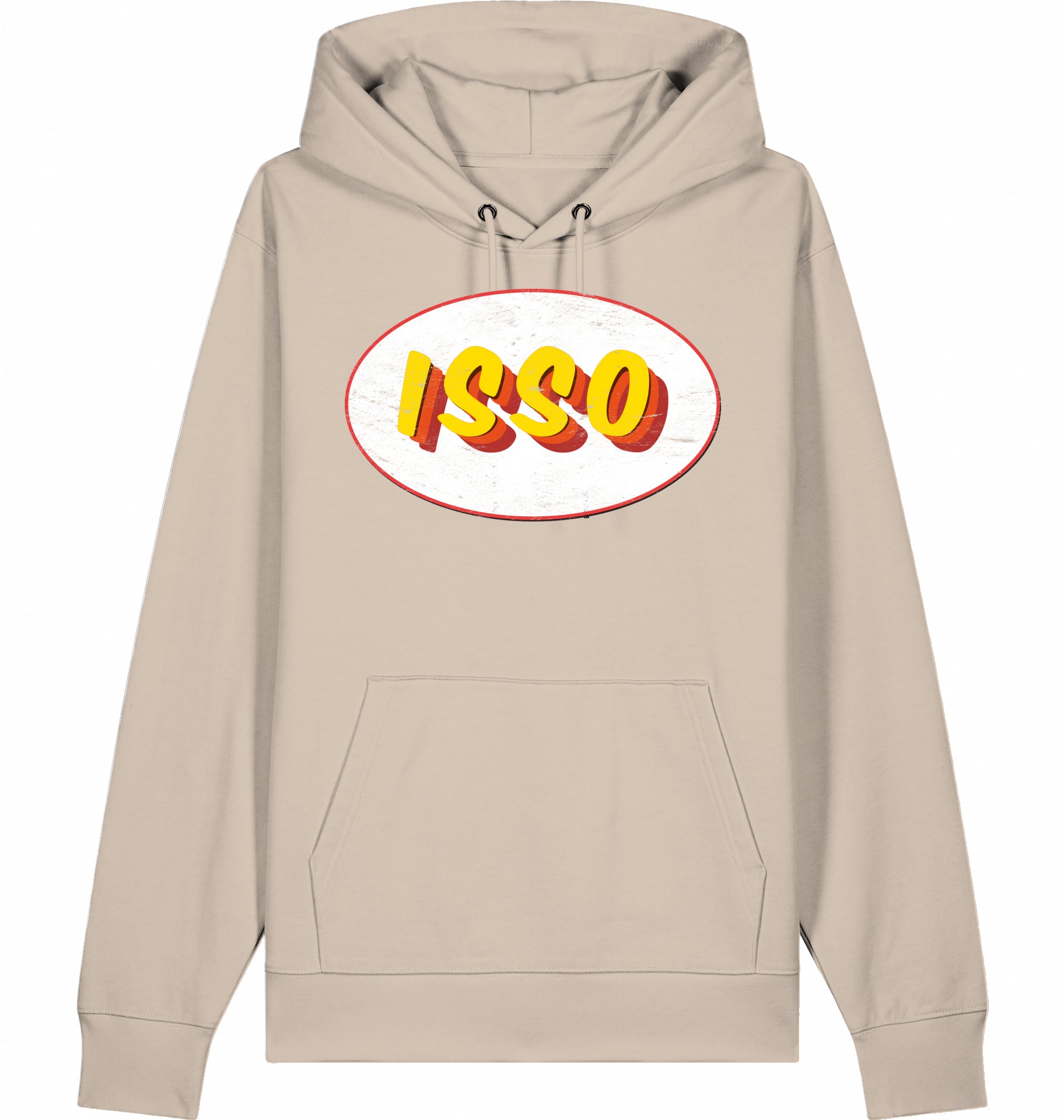Typografie-Illustration des Schriftzugs ‚ISSO‘, Hip-Hop-Slang ‚es ist so‘ im Retro-Look mit Grunge-Effekt auf einem Bio-Hoodie aus Baumwolle