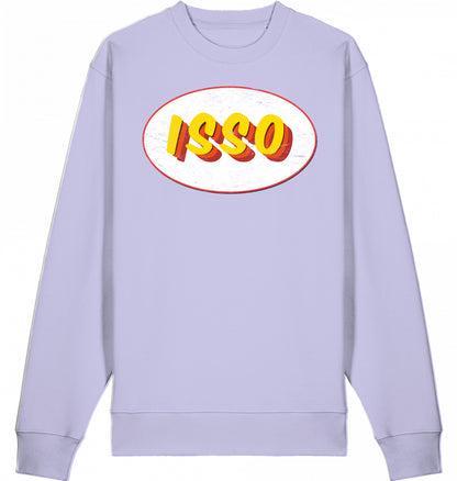 Typografie-Illustration des Schriftzugs ‚ISSO‘, Hip-Hop-Slang ‚es ist so‘ im Retro-Look mit Grunge-Effekt auf einem Bio-Sweater aus Baumwolle