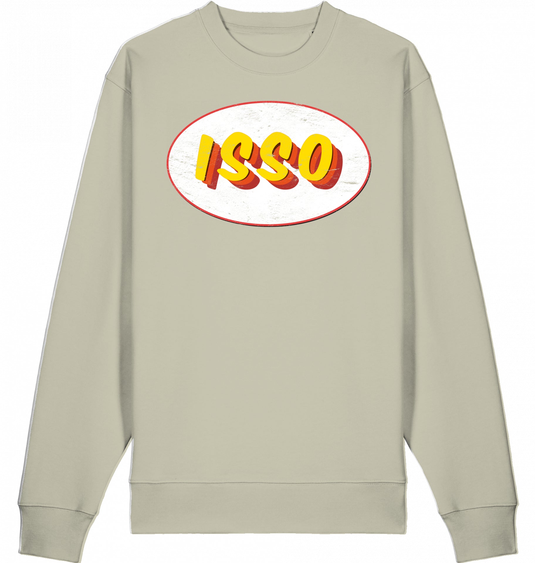 Typografie-Illustration des Schriftzugs ‚ISSO‘, Hip-Hop-Slang ‚es ist so‘ im Retro-Look mit Grunge-Effekt auf einem Bio-Sweater