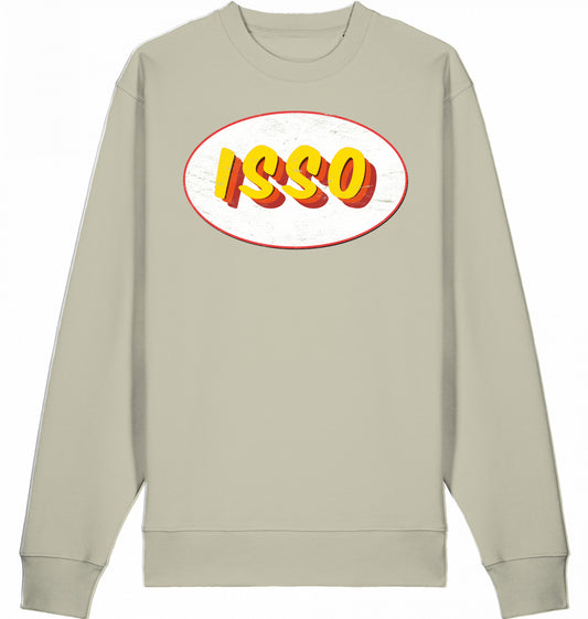 Typografie-Illustration des Schriftzugs ‚ISSO‘, Hip-Hop-Slang ‚es ist so‘ im Retro-Look mit Grunge-Effekt auf einem Bio-Sweater