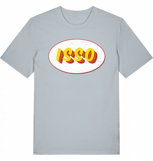 Typografie-Illustration des Schriftzugs ‚ISSO‘, Hip-Hop-Slang ‚es ist so‘ im Retro-Look mit Grunge-Effekt auf einem Bio-T-Shirt aus Baumwolle