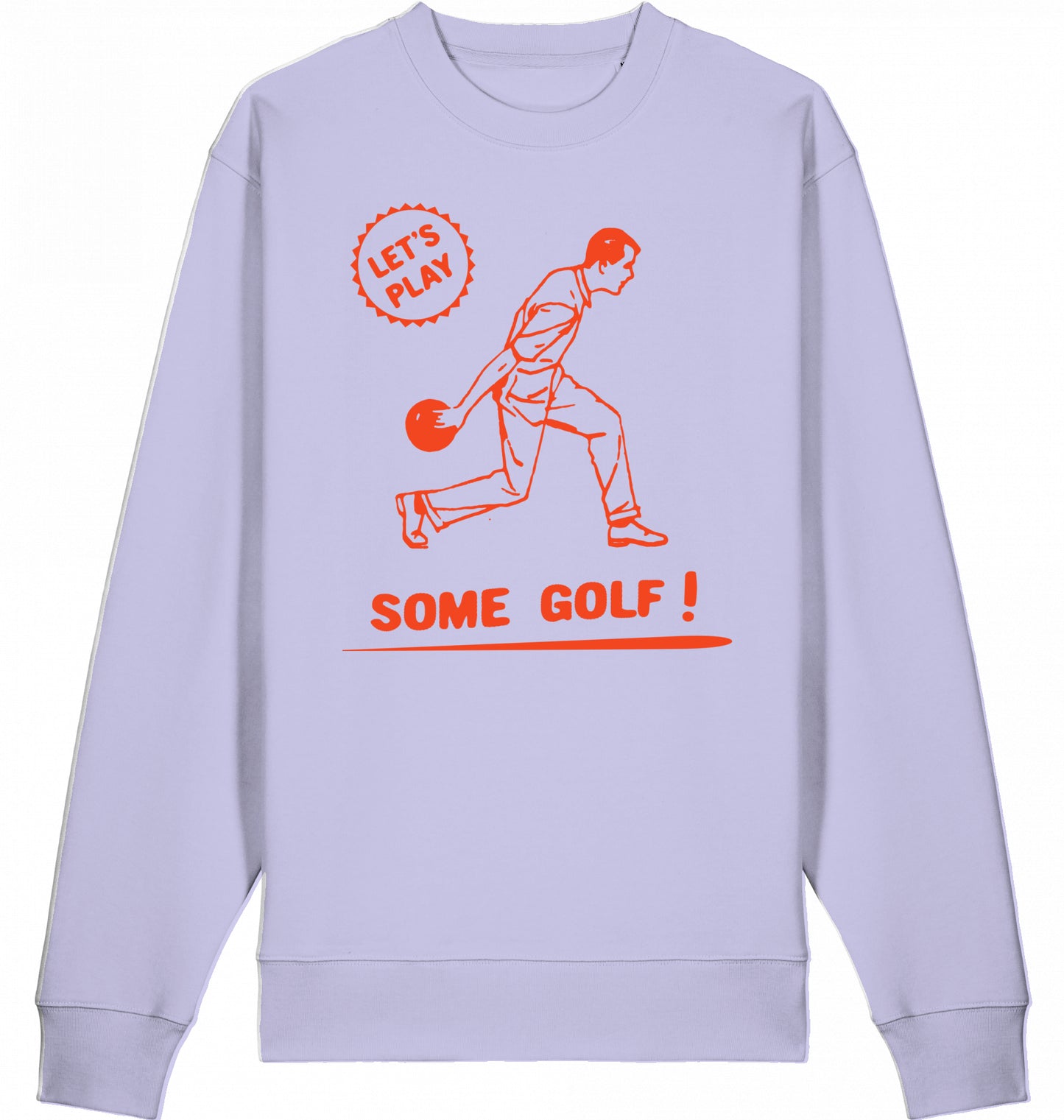 Stempelartige Illustration eines Bowlingspielers mit dem Schriftzug ‚Lets play some golf‘ auf einem Sweater aus Baumwolle, inspiriert vom Humor aus ‚The Big Lebowski'
