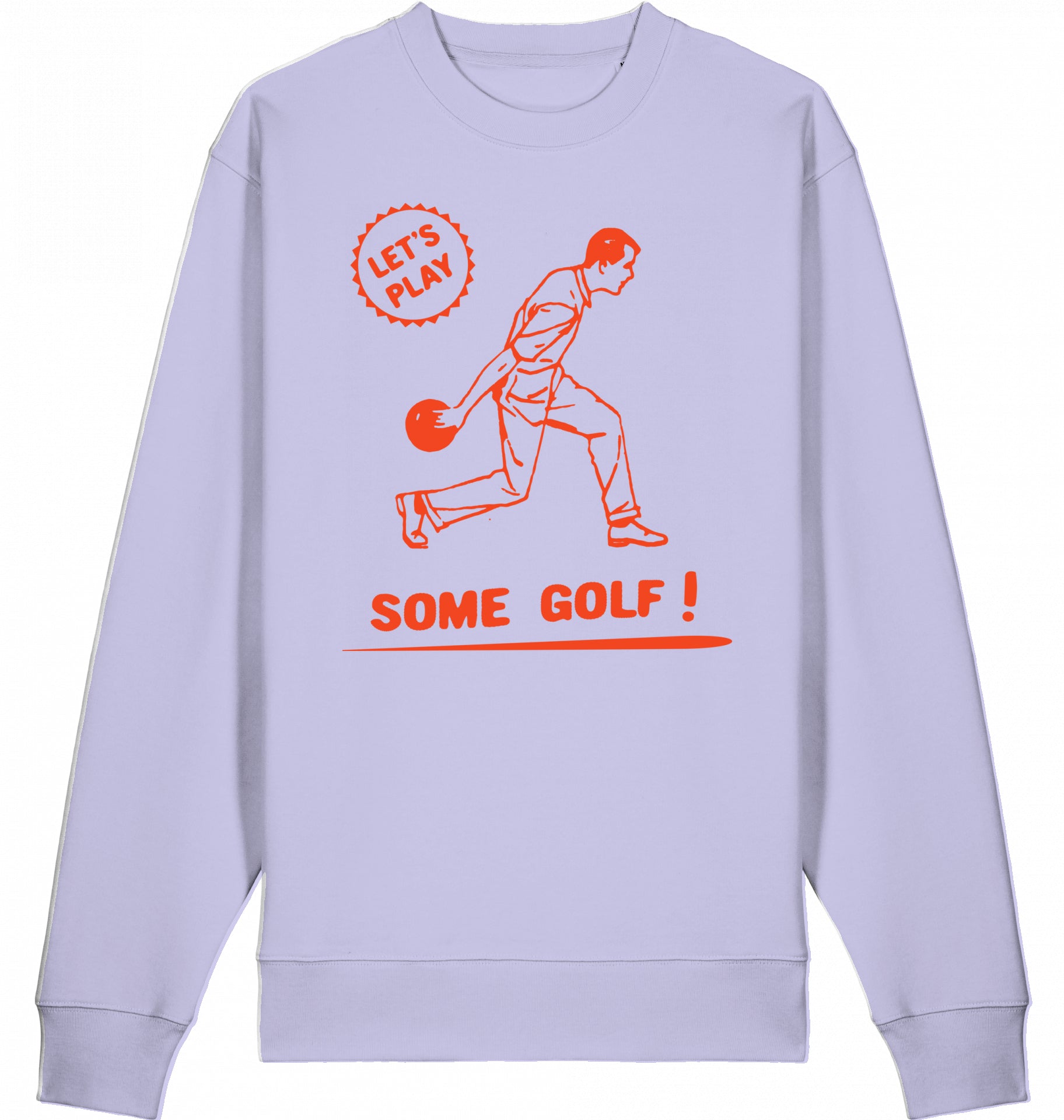 Stempelartige Illustration eines Bowlingspielers mit dem Schriftzug ‚Lets play some golf‘ auf einem Sweater aus Baumwolle, inspiriert vom Humor aus ‚The Big Lebowski'
