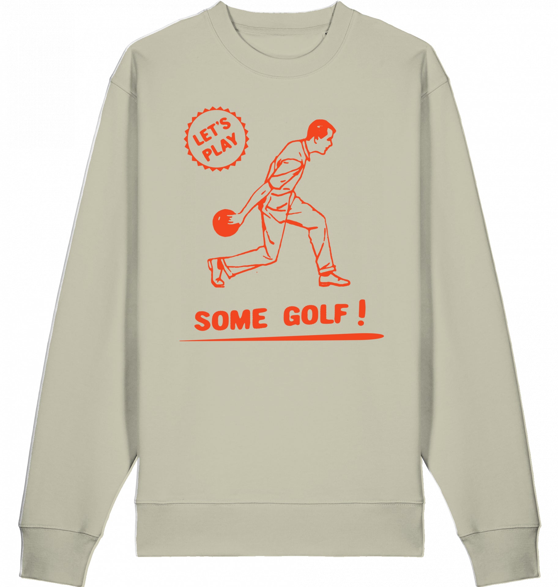 Stempelartige Illustration eines Bowlingspielers mit dem Schriftzug ‚Lets play some golf‘ auf einem Bio-Sweatshirt, inspiriert vom Humor aus ‚The Big Lebowski'