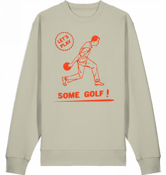 Stempelartige Illustration eines Bowlingspielers mit dem Schriftzug ‚Lets play some golf‘ auf einem Bio-Sweatshirt, inspiriert vom Humor aus ‚The Big Lebowski'