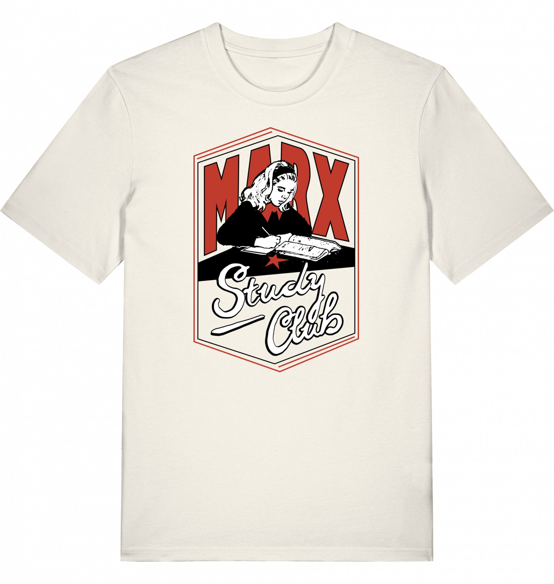 Retro-Illustration eines Mädchens über einem Buch mit ‚Marx Study Club‘ Typografie auf T-Shirt, Bezug zu Karl Marx und Kommunismus