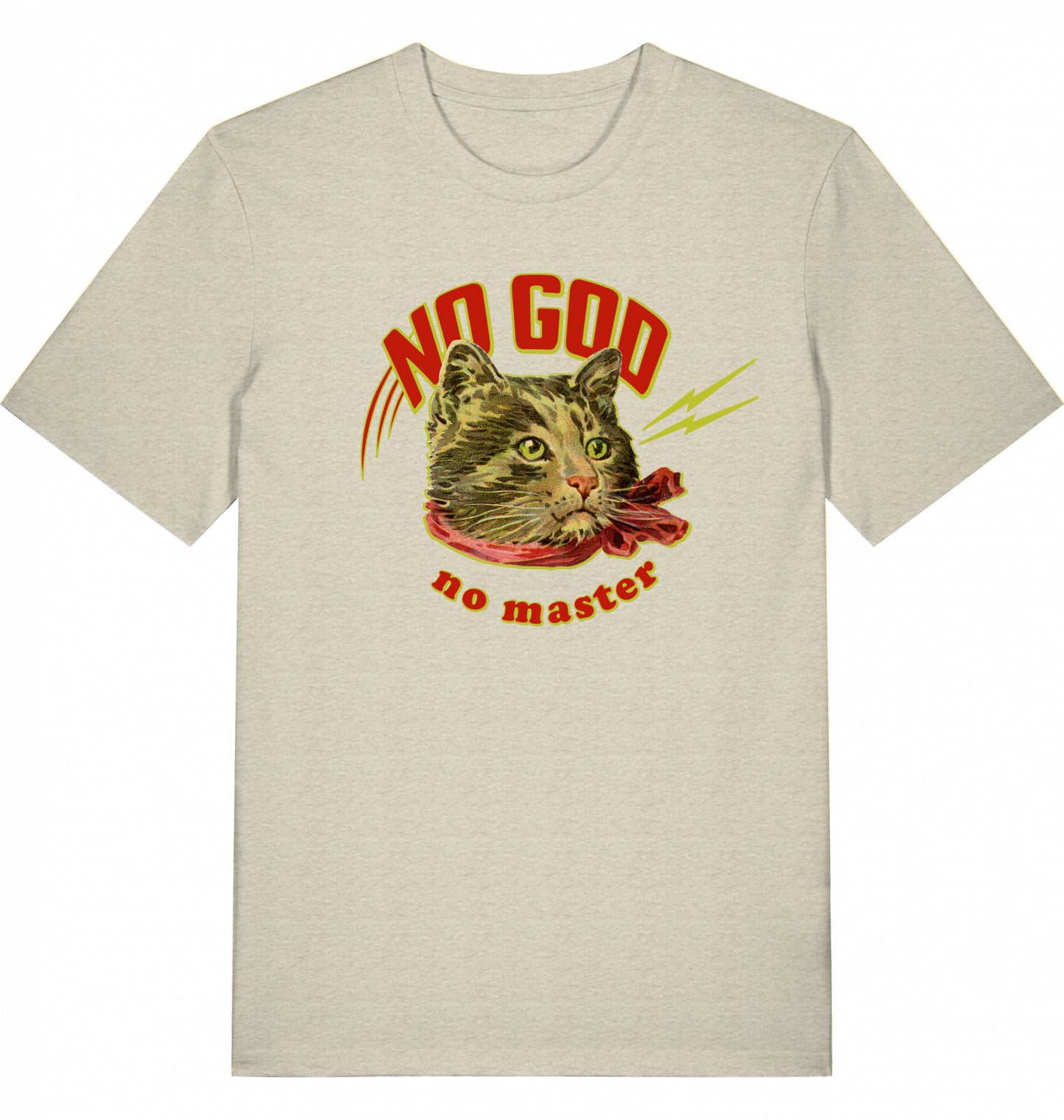 Vintage-Porträt-Illustration einer Katze mit rotem Halstuch und dem Schriftzug ‚No God No Master‘ auf einem T-Shirt