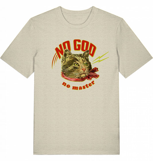 Vintage-Porträt-Illustration einer Katze mit rotem Halstuch und dem Schriftzug ‚No God No Master‘ auf einem T-Shirt