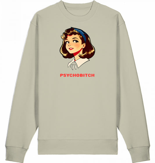 Illustration eines brav dreinblickenden Mädchens im Wendy-Comic-Stil mit dem Schriftzug ‚Psychobitch‘ auf einem Eco-Sweater