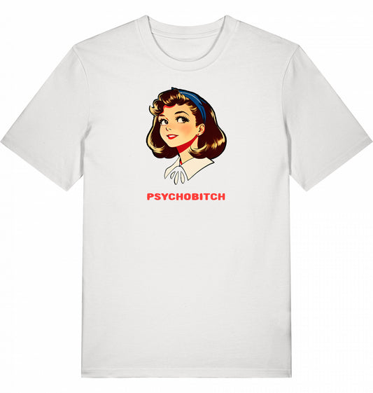 Illustration eines brav dreinblickenden Mädchens im Wendy-Comic-Stil mit dem Schriftzug ‚Psychobitch‘ auf einem T-Shirt