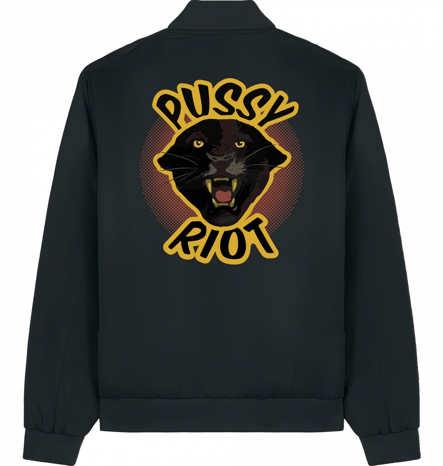 Porträt eines Panthers im 80s/90s Retro-Stilmix mit dem Schriftzug ‚Pussy Riot‘ auf einer Bomberjacke, Backprint, Schwarz