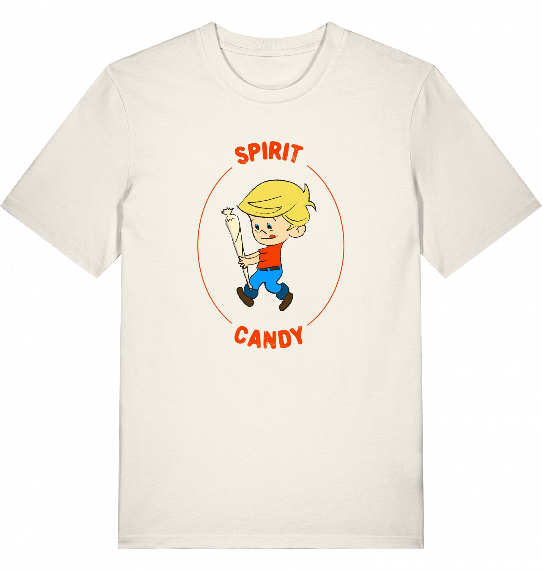 blonder Junge im Retro.Comic Stil mit großer Tüte in den Händen und der Aufschrift 'Spirit Candy' auf einem T-Shirt