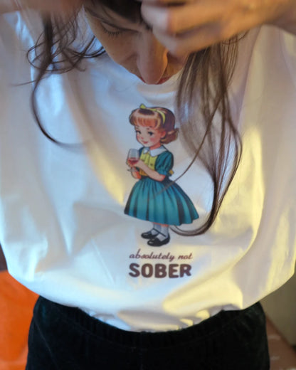 white Shirt with retro print, glass of wine, girl illustration