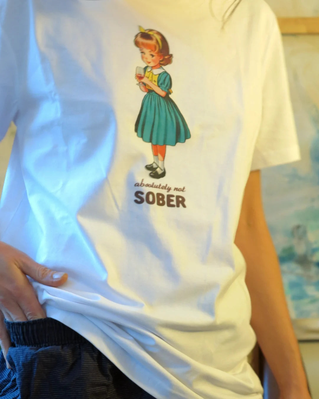 white Shirt with retro print, glass of wine, girl illustration